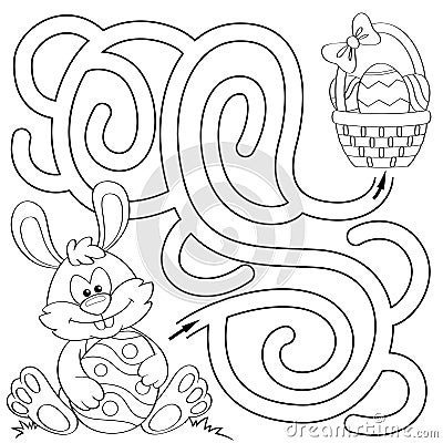 Help little bunny find path to easter basket with eggs. Labyrinth. Maze game for kids. Black and white illustration for coloring Vector Illustration